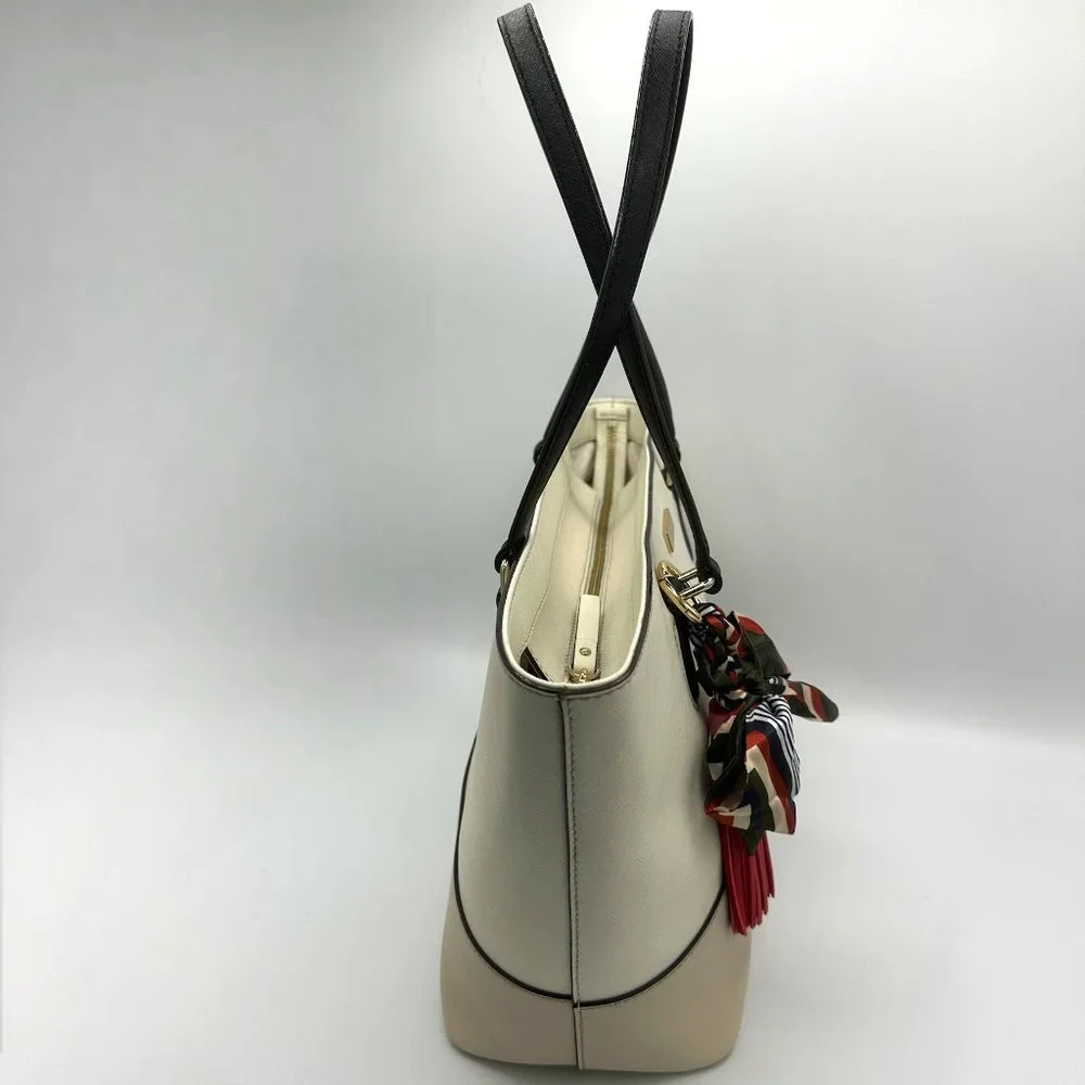 EUC Kate Spade Beige/Ivory/Black Colorblock Zip-Top Leather Tote + Bag Charm - Picture 6 of 16